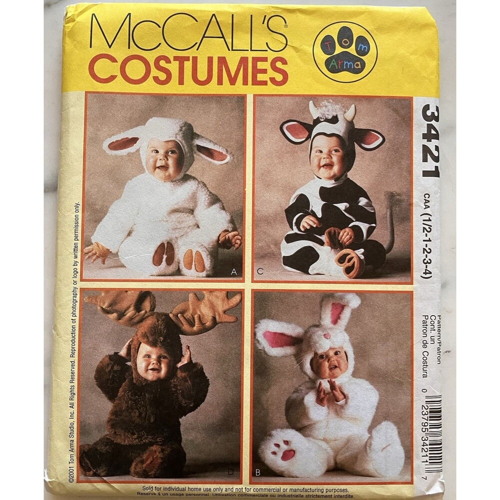 McCALL'S 3421 Toddlers Animal Costume Lamb Bunny Cow Moose 1/2-4‎ UNCUT FF